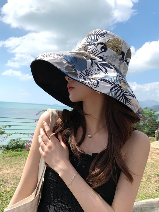 Women Wide Brim Summer Sun Hat Wired Edge Beach Bucket Fishing Hats Black main image 4